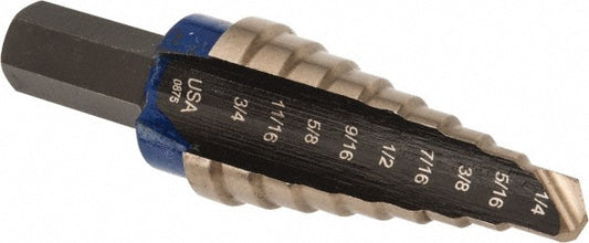 Irwin 10233CB Step Drill Bit 1/4 to 3/4" Dia, 3/8" Shank Dia, Cobalt, 9 Hole Sizes