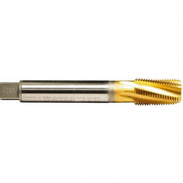 Emuge AW483100.5767 1/2-14 NPT, 15&deg Helix, 5 Flutes, Modified Bottoming Chamfer, TiN Finish, Cobalt, Spiral Flute Pipe Tap