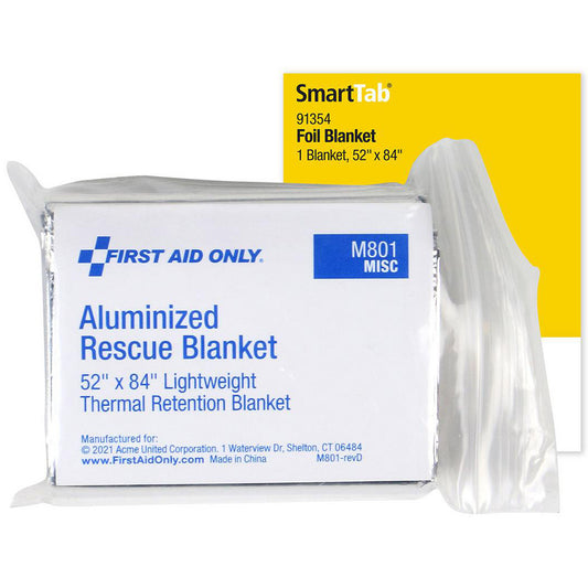 First Aid Only 91354 Rescue Blankets Type Emergency Rescue  Material Aluminum  Overall Length 52.00  Overall Width 84  Color Silver  Container Type Packet