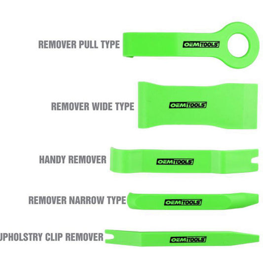OEM Tools 25314 Automotive Hand Tools & Sets Tool Type Trim Fastener & Molding Removal Tool Kit  Color High-Visibility Lime  Material Nylon Plastic  Includes Pull Type Remover Wide Type Remover Handy Remover Narrow Type Remover Upholstery Remover