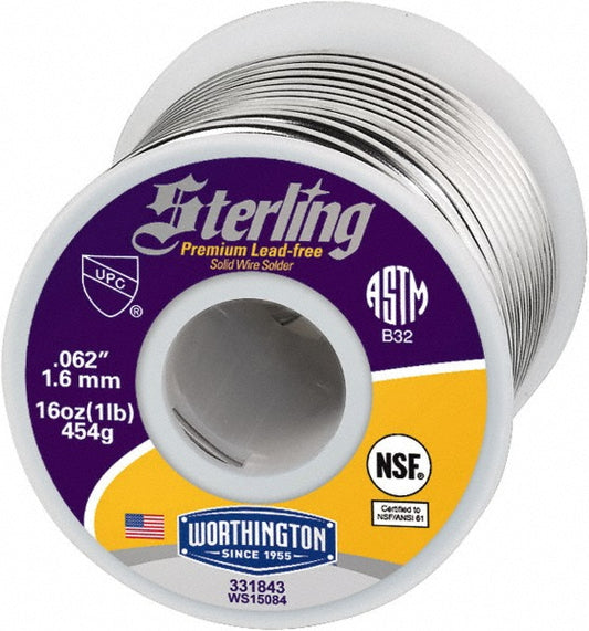 Worthington 331843 Sterling Lead-Free Solder Tin, 0.062" Dia