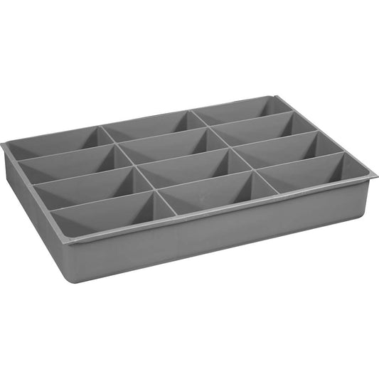 Durham 124-95-12-IND Small Parts Boxes & Organizers Width (Inch) 11-15/16  Depth (Inch) 18-1/16  Height (Inch) 2-31/32  Number Of Compartments 12  Height (Decimal Inch) 2.9687  Type Compartment Box