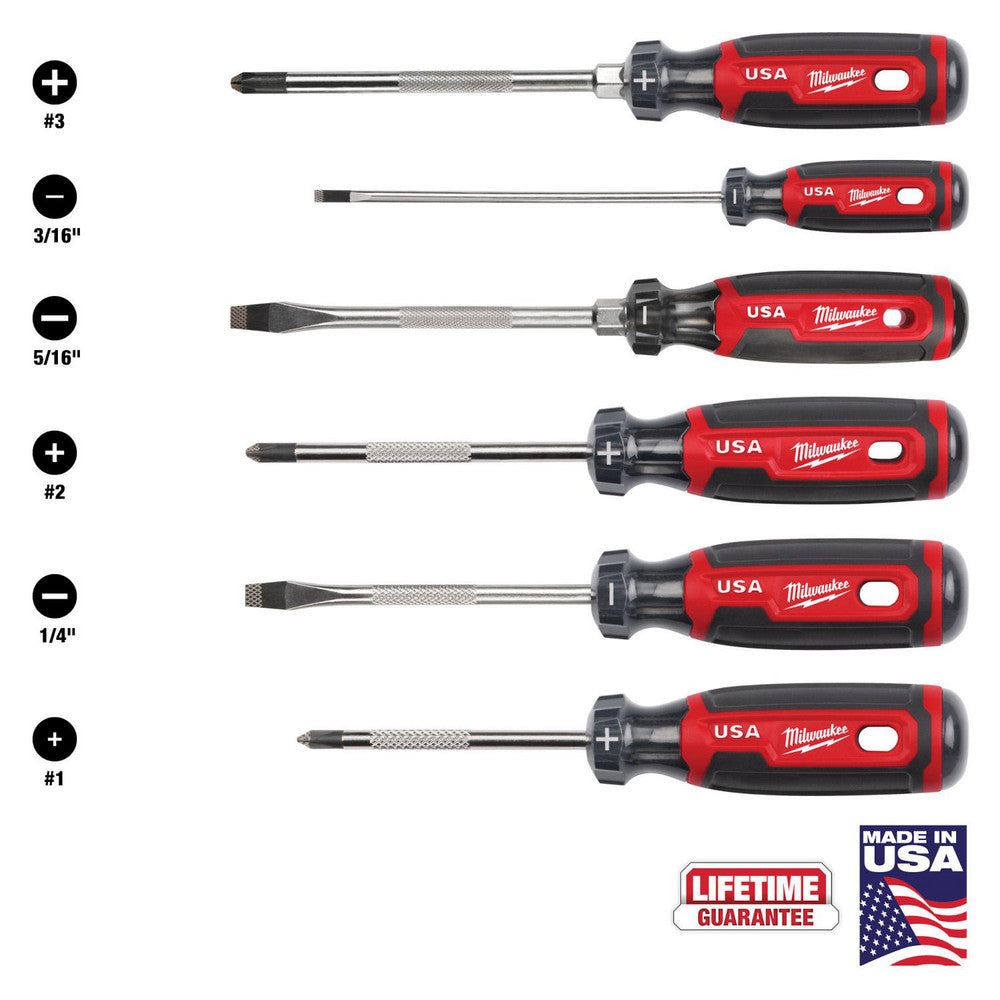 Milwaukee Tool MT200-6 Screwdriver Sets Screwdriver Types Included Cabinet Phillips , Slotted  Container Type None  Finish Chrome  Number Of Pieces 6  Insulated No  Features Anti-Slip Tip ™ Laser Etched