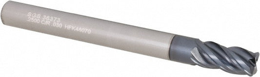 Kyocera SGS Precision Tools 36373 Corner Radius End Mill 1/4" Dia, 1/2" LOC, 0.0300" Radius, 4 Flute, Solid Carbide