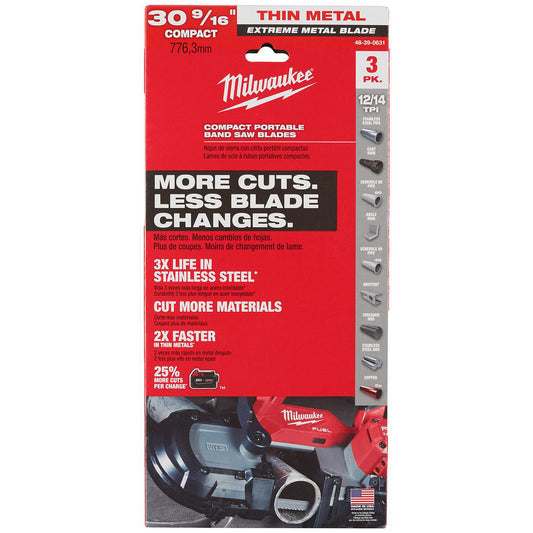 Milwaukee Tool 48-39-0631 Portable Band Saw Blades Blade Length 31  Teeth Per Inch 12 to 14  Blade Material Bi-Metal  Blade Width (Inch) 1/2  Blade Thickness (Decimal Inch) 0.0200  Metal Cutting Type High Speed Steel