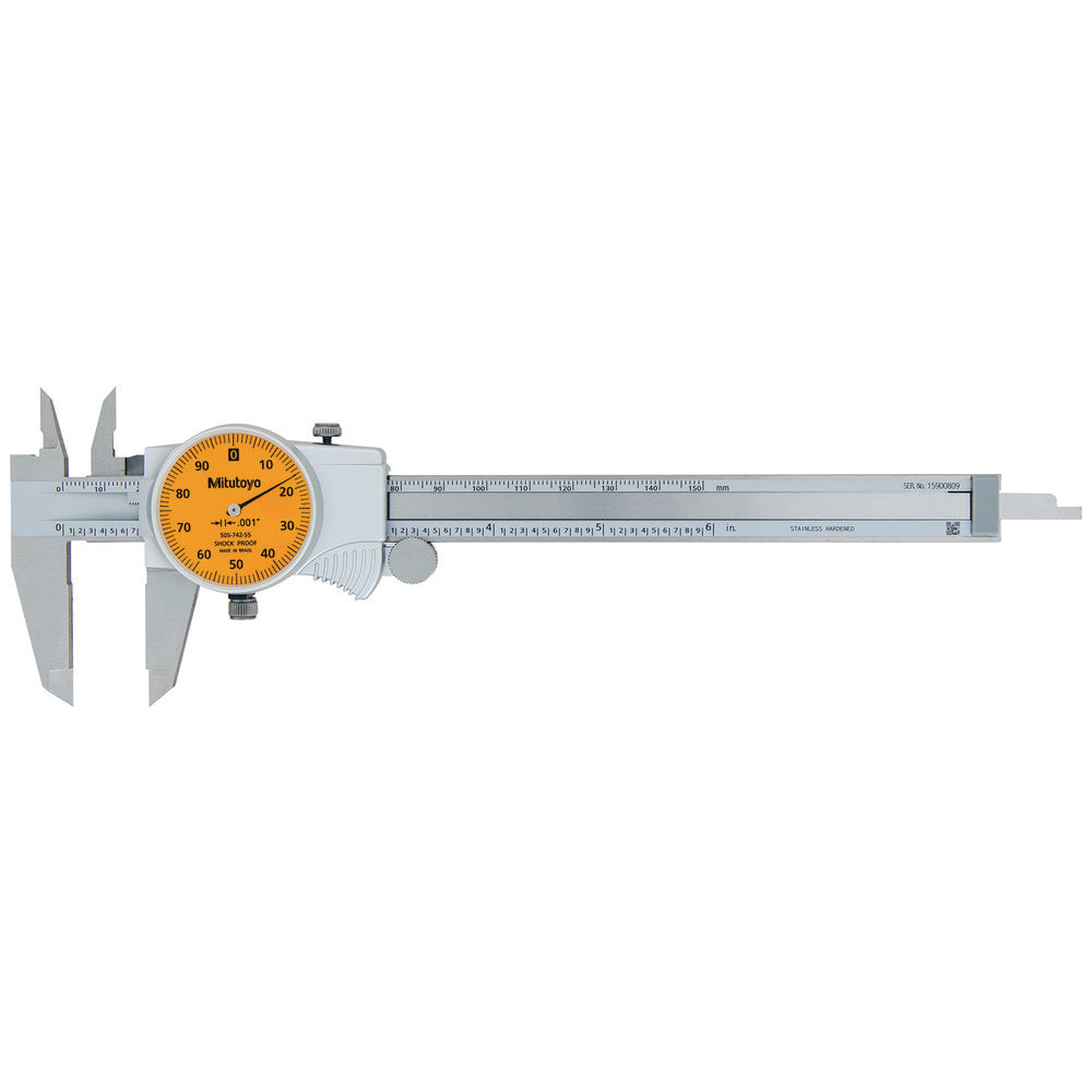 Mitutoyo 505-742-55J Dial Caliper 6", 0.001000" Graduation, 0.1" per Revolution, 0.0010" Accuracy, Stainless Steel Jaws