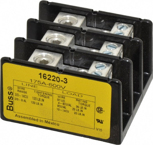 Cooper Bussmann 16220-3 3 Poles, 175 Amp, 8-2/0 AWG (Al), 14-2/0 AWG (Cu) Primary, 4-14 AWG (Cu), 4-8 AWG (Al) Secondary, Thermoplastic Power Distribution Block