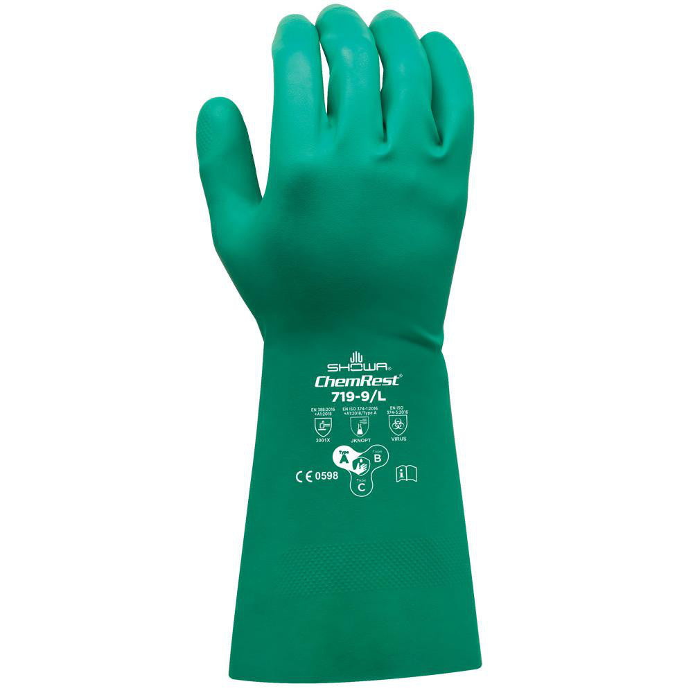 SHOWA 719-09 Chemical Resistant Gloves Glove Type Type A Chemical Resistant Gloves  Material Nitrile  Size Large  Numeric Size 9  Coating Material Nitrile  Lining Material Unlined