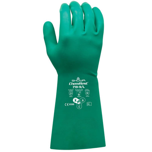 SHOWA 719-09 Chemical Resistant Gloves Glove Type Type A Chemical Resistant Gloves  Material Nitrile  Size Large  Numeric Size 9  Coating Material Nitrile  Lining Material Unlined