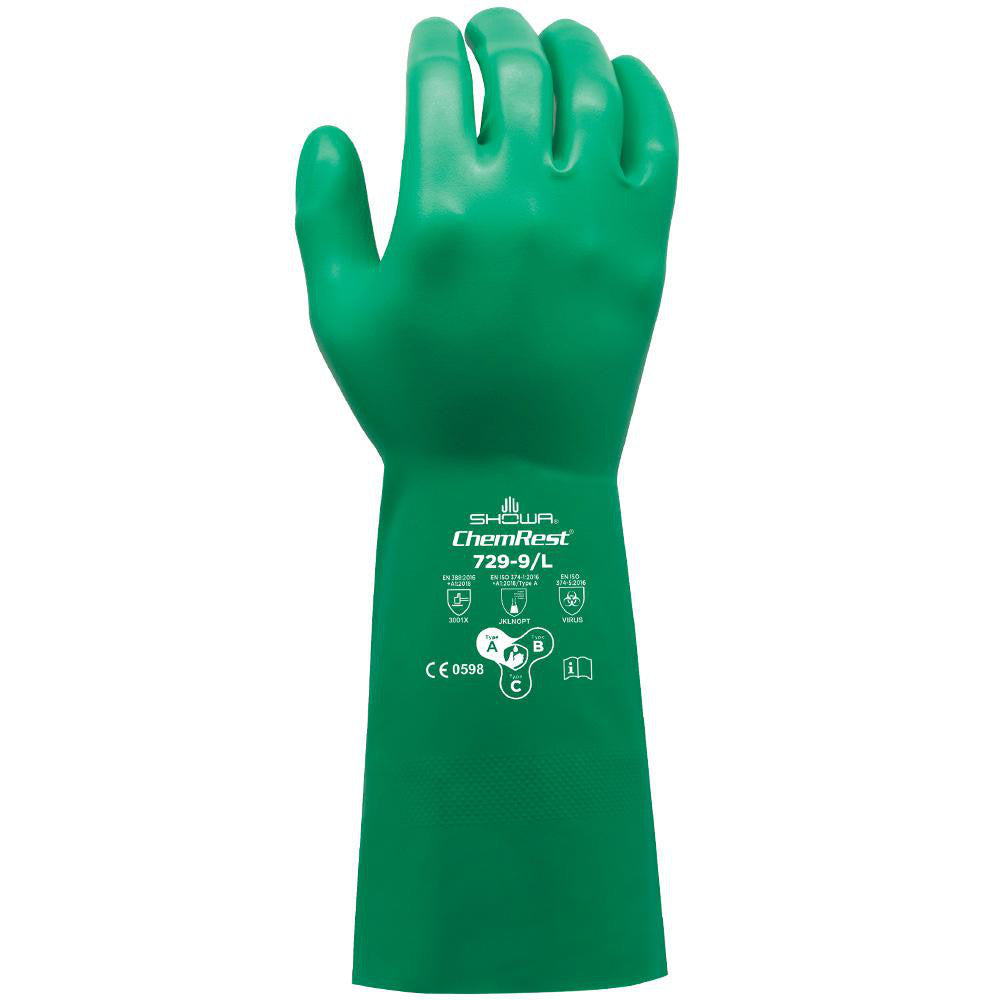 SHOWA 729-08 Chemical Resistant Gloves Glove Type Type A Chemical Resistant Gloves  Material Nitrile  Size Medium  Numeric Size 8  Coating Material Nitrile  Lining Material Unlined