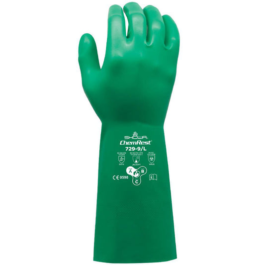 SHOWA 729-09 Chemical Resistant Gloves Glove Type Type A Chemical Resistant Gloves  Material Nitrile  Size Large  Numeric Size 9  Coating Material Nitrile  Lining Material Unlined