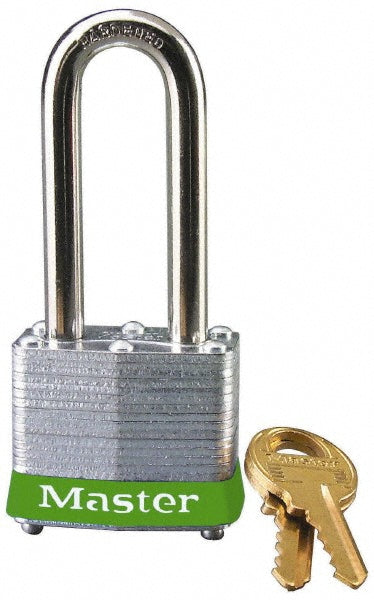 Master Lock 3LHGRN Lockout Padlock Keyed Different, Laminated Steel, 2" High, Steel Shackle, Green