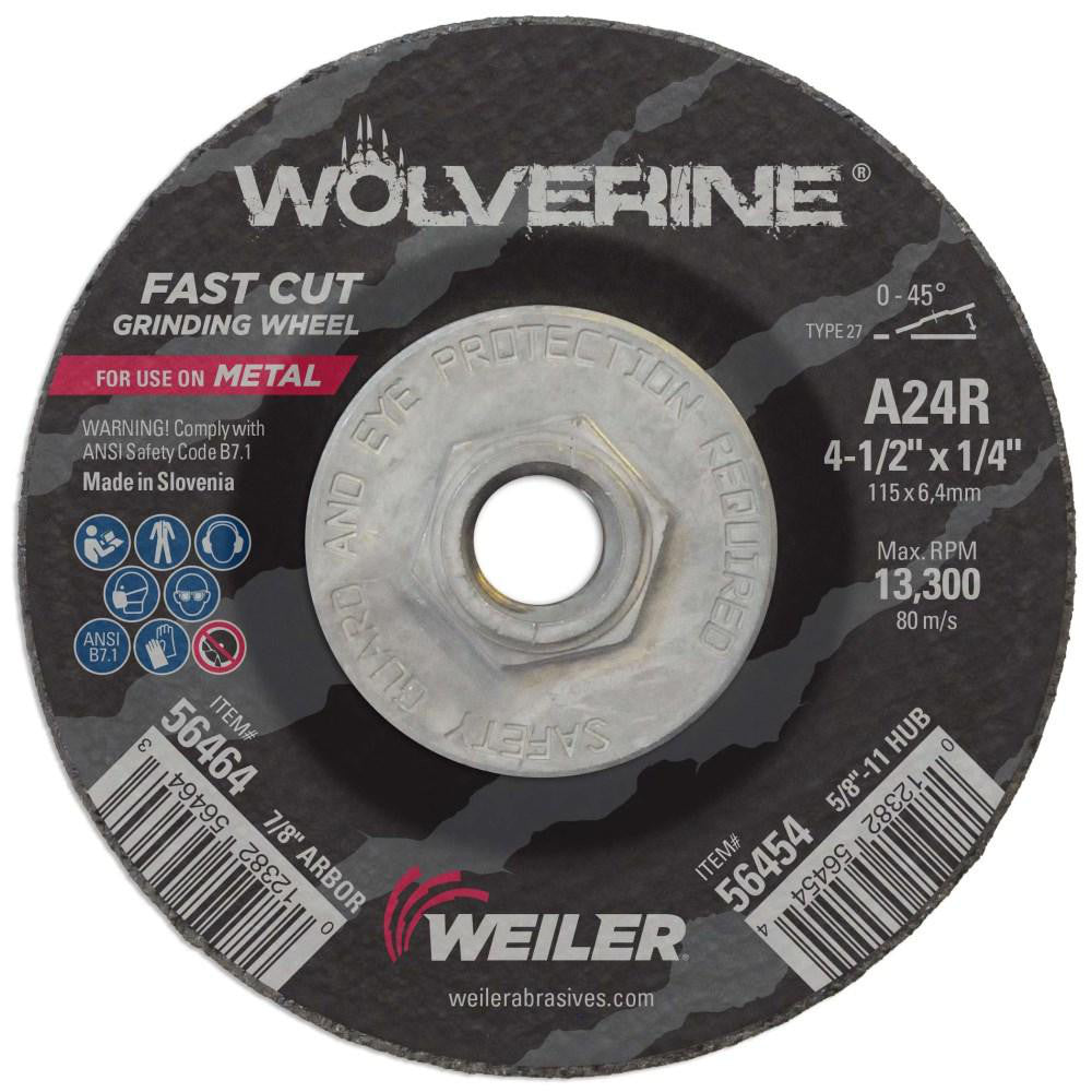 Weiler 56454 Depressed-Center Wheel Type 27, 4-1/2" Dia, 1/4" Thick, 5/8-11 Hole, Aluminum Oxide