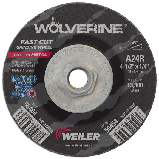 Weiler 56454 Depressed-Center Wheel Type 27, 4-1/2" Dia, 1/4" Thick, 5/8-11 Hole, Aluminum Oxide