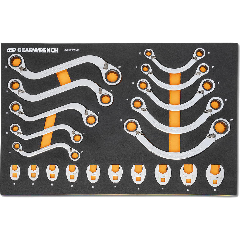 GEARWRENCH GWMSSRWMM Wrench Sets Set Type Reversible Double Head Half Moon & S-Shape Box End & Crowfoot Wrench Set  System Of Measurement Metric  Size Range 10 mm - 19 mm  Container Type Foam Module  Material Alloy Steel  Finish Coating Chrome
