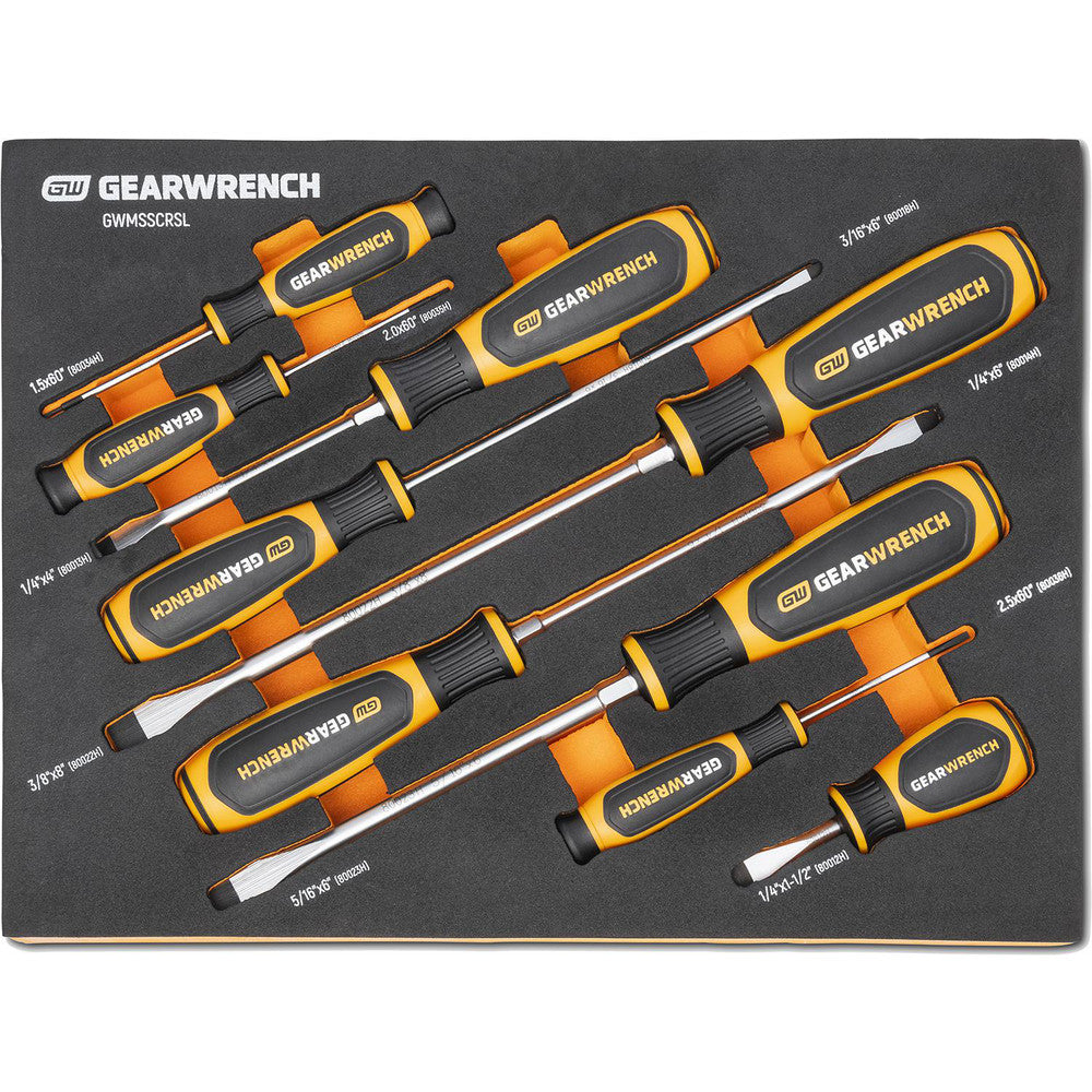 GEARWRENCH GWMSSCRSL Screwdriver Sets Screwdriver Types Included 3/16 In 1/4 In 5/16 In Slotted  Container Type Foam Module  Tether Style Not Tether Capable  Finish Black Oxide  Number Of Pieces 9  Insulated No