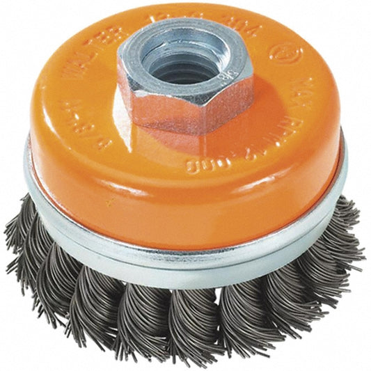 WALTER Surface Technologies 13G304 Cup Brush 3" Dia, 0.0200" Wire Dia, Steel, Knotted