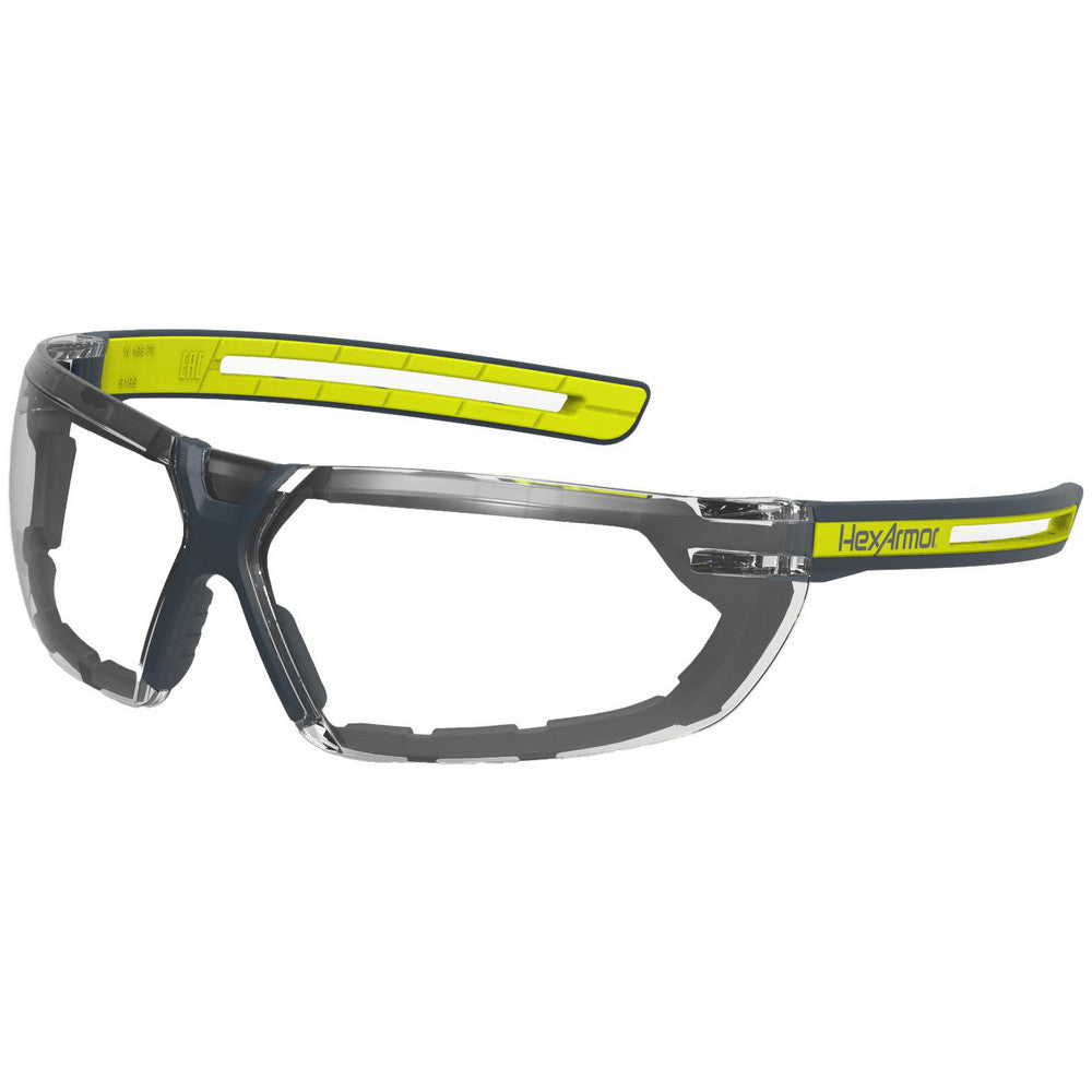 HexArmor 11-29001-02 Safety Glasses Glasses Style Clear  Lens Coating Anti-Fog Scratch-Resistant  Frame Style Frameless  Frame Design Wrap Around  Lens Color Clear  Frame Color Charcoal Yellow