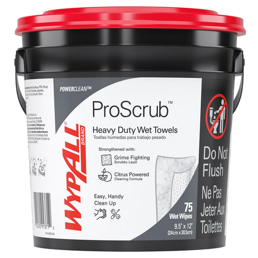 WypAll 91371 PowerClean ProScrub Heavy Duty Wet Towels, Dual Action Cleaning, Large 9.5" x 12" Wipes, Bucket Included