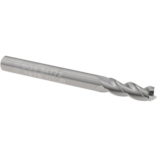 Kyocera SGS Precision Tools 34772 Corner Radius End Mill 3/16" Dia, 9/16" LOC, 0.0100" Radius, 3 Flute, Solid Carbide