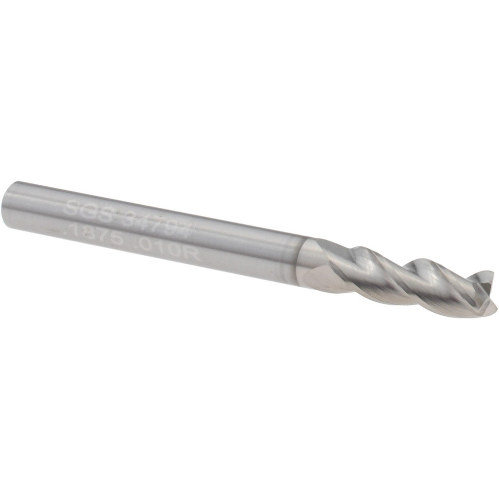 Kyocera SGS Precision Tools 34794 Corner Radius End Mill 3/16" Dia, 9/16" LOC, 0.0100" Radius, 3 Flute, Solid Carbide