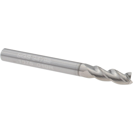 Kyocera SGS Precision Tools 34794 Corner Radius End Mill 3/16" Dia, 9/16" LOC, 0.0100" Radius, 3 Flute, Solid Carbide