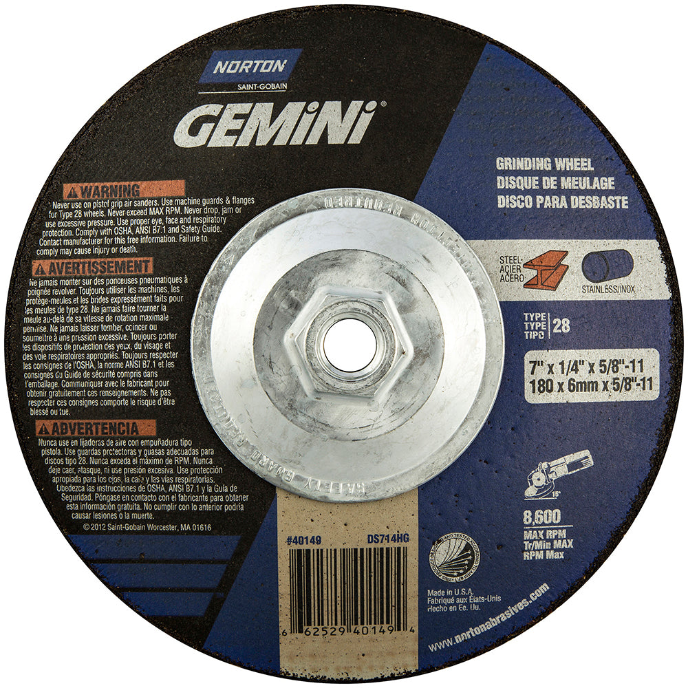 Norton 66252940149 Depressed Center Wheel Type 28, 7" Dia, Aluminum Oxide