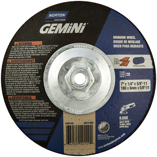 Norton 66252940149 Depressed Center Wheel Type 28, 7" Dia, Aluminum Oxide
