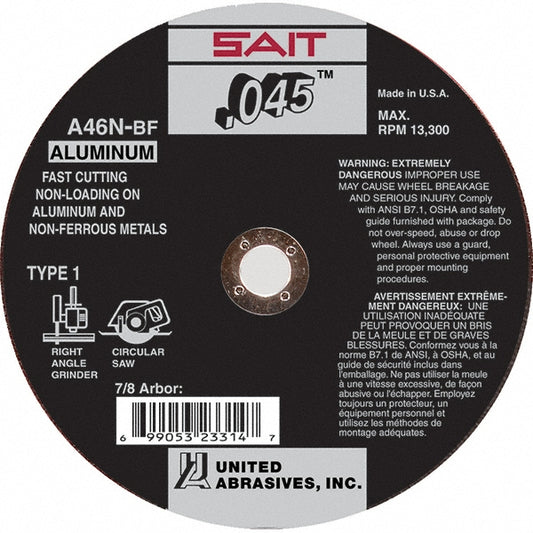 Sait 23316 Cutoff Wheel Type 1 (01/41), 6" Dia, 0.0450" Thick, 7/8" Hole, Aluminum Oxide