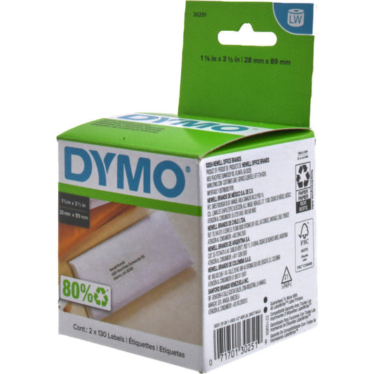 Dymo 30251 Label Maker Label White, Die Cut Paper with Semi Perm Adhesive, 3-1/2" OAL, 1-1/8" OAW, 130 per Roll, 2 Roll
