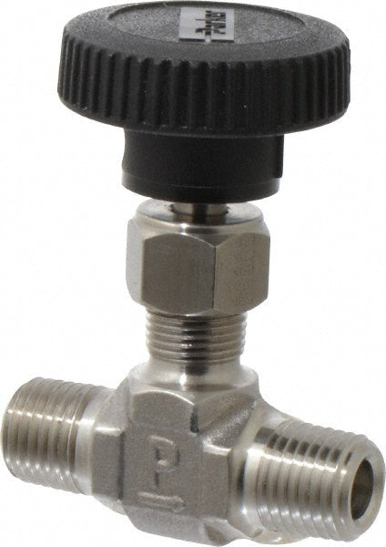 Parker 4M-V4LN-SS Needle Valve Round Handle, Straight, 1/4" Pipe, MNPT x MNPT End, Stainless Steel Body, Polytetrafluoroethylene Seal