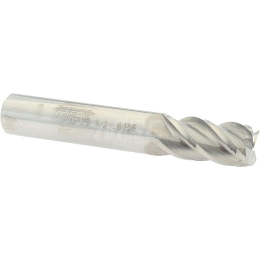 Accupro 86800125 Corner Radius End Mill 1/2" Dia, 1" LOC, 0.015" Radius, 4 Flutes, Solid Carbide