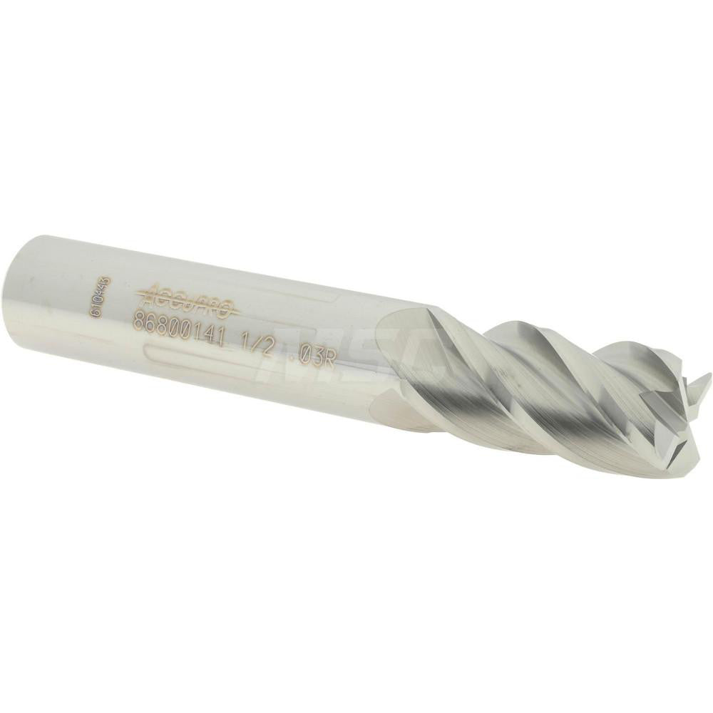 Accupro 86800141 Corner Radius End Mill 1/2" Dia, 1" LOC, 0.03" Radius, 4 Flutes, Solid Carbide