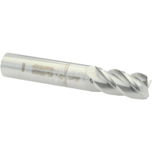 Accupro 86800158 Corner Radius End Mill 1/2" Dia, 1" LOC, 0.045" Radius, 4 Flutes, Solid Carbide