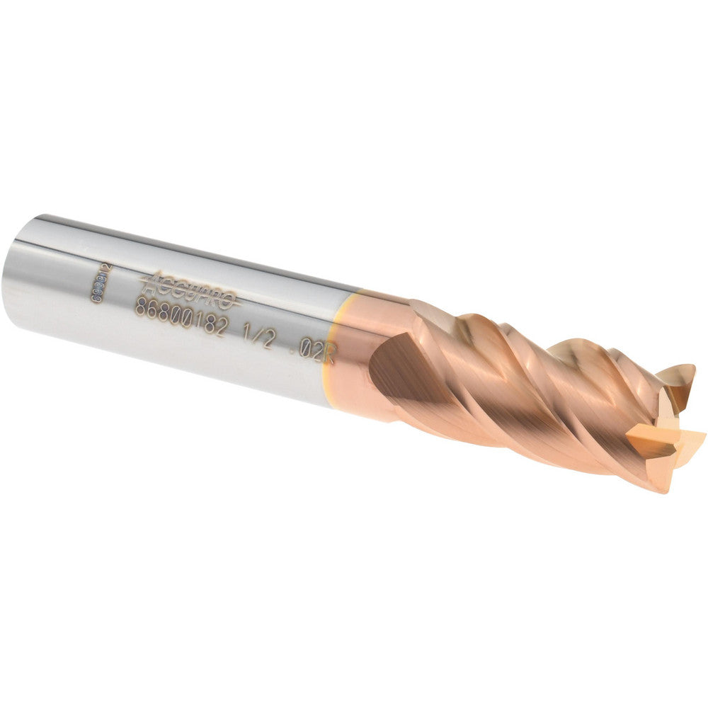 Accupro 86800182 Corner Radius End Mill 1/2" Dia, 1" LOC, 0.0200" Radius, 4 Flute, Solid Carbide