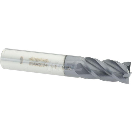 Accupro 86800224 Corner Radius End Mill 1/2" Dia, 1" LOC, 0.015" Radius, 4 Flutes, Solid Carbide
