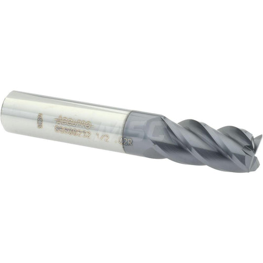 Accupro 86800232 Corner Radius End Mill 1/2" Dia, 1" LOC, 0.02" Radius, 4 Flutes, Solid Carbide