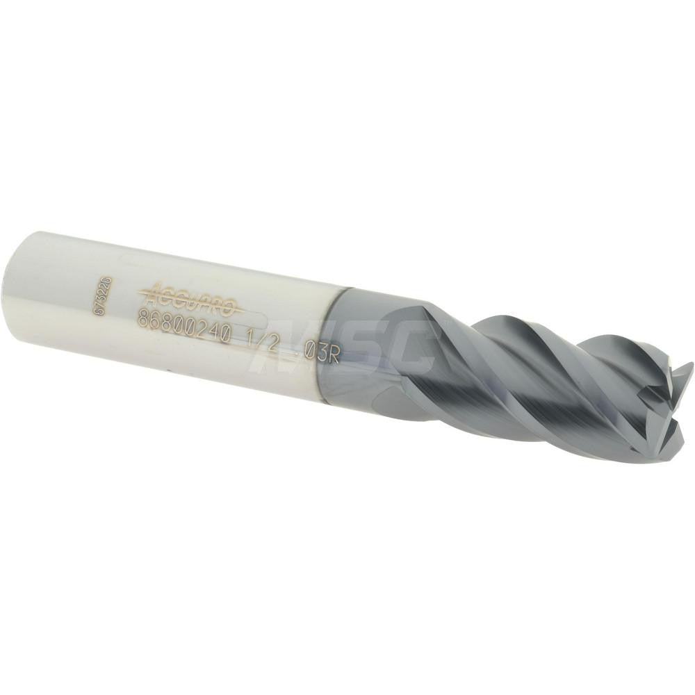 Accupro 86800240 Corner Radius End Mill 1/2" Dia, 1" LOC, 0.03" Radius, 4 Flutes, Solid Carbide