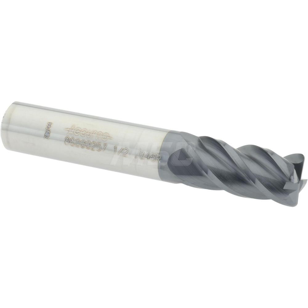 Accupro 86800257 Corner Radius End Mill 1/2" Dia, 1" LOC, 0.045" Radius, 4 Flutes, Solid Carbide