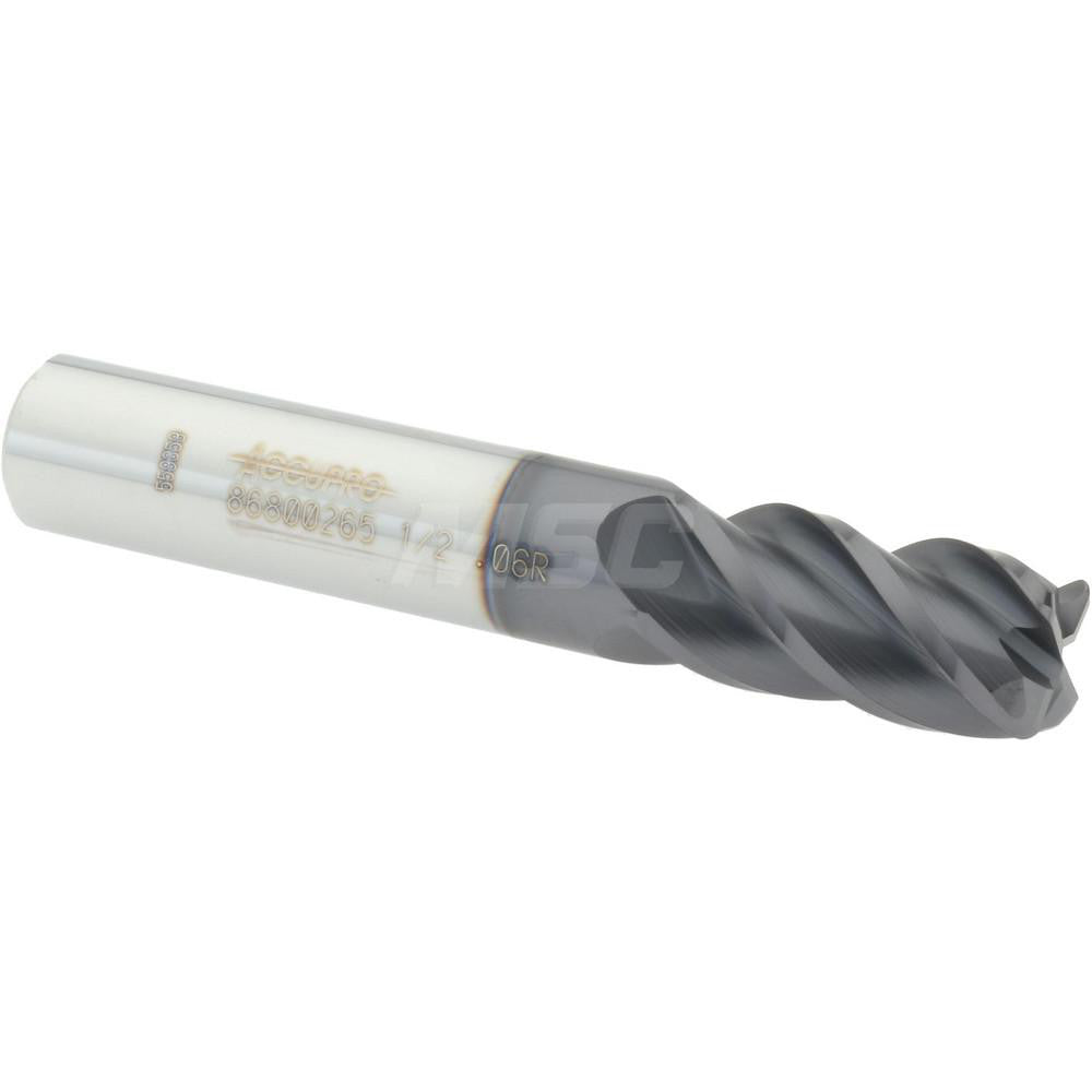 Accupro 86800265 Corner Radius End Mill 1/2" Dia, 1" LOC, 0.06" Radius, 4 Flutes, Solid Carbide