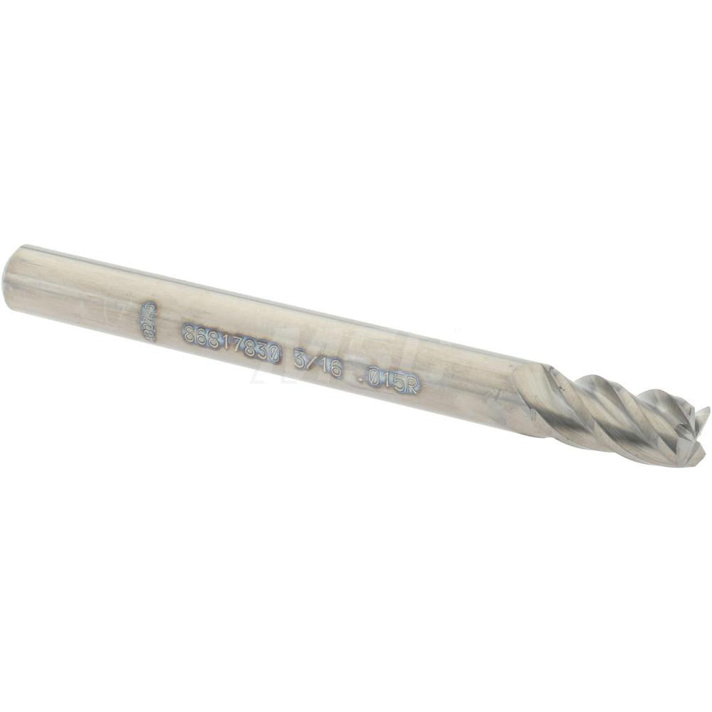 Accupro 86817830 Corner Radius End Mill 3/16" Dia, 3/8" LOC, 0.015" Radius, 4 Flutes, Solid Carbide