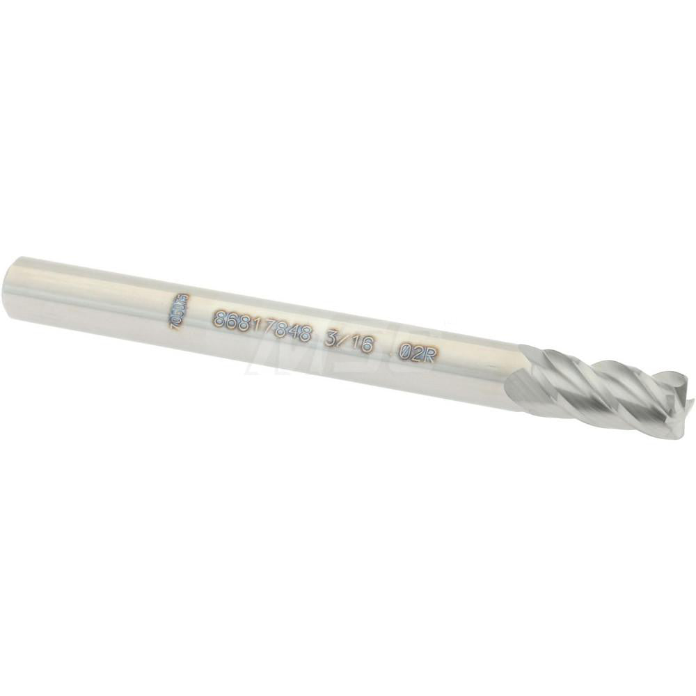Accupro 86817848 Corner Radius End Mill 3/16" Dia, 3/8" LOC, 0.02" Radius, 4 Flutes, Solid Carbide