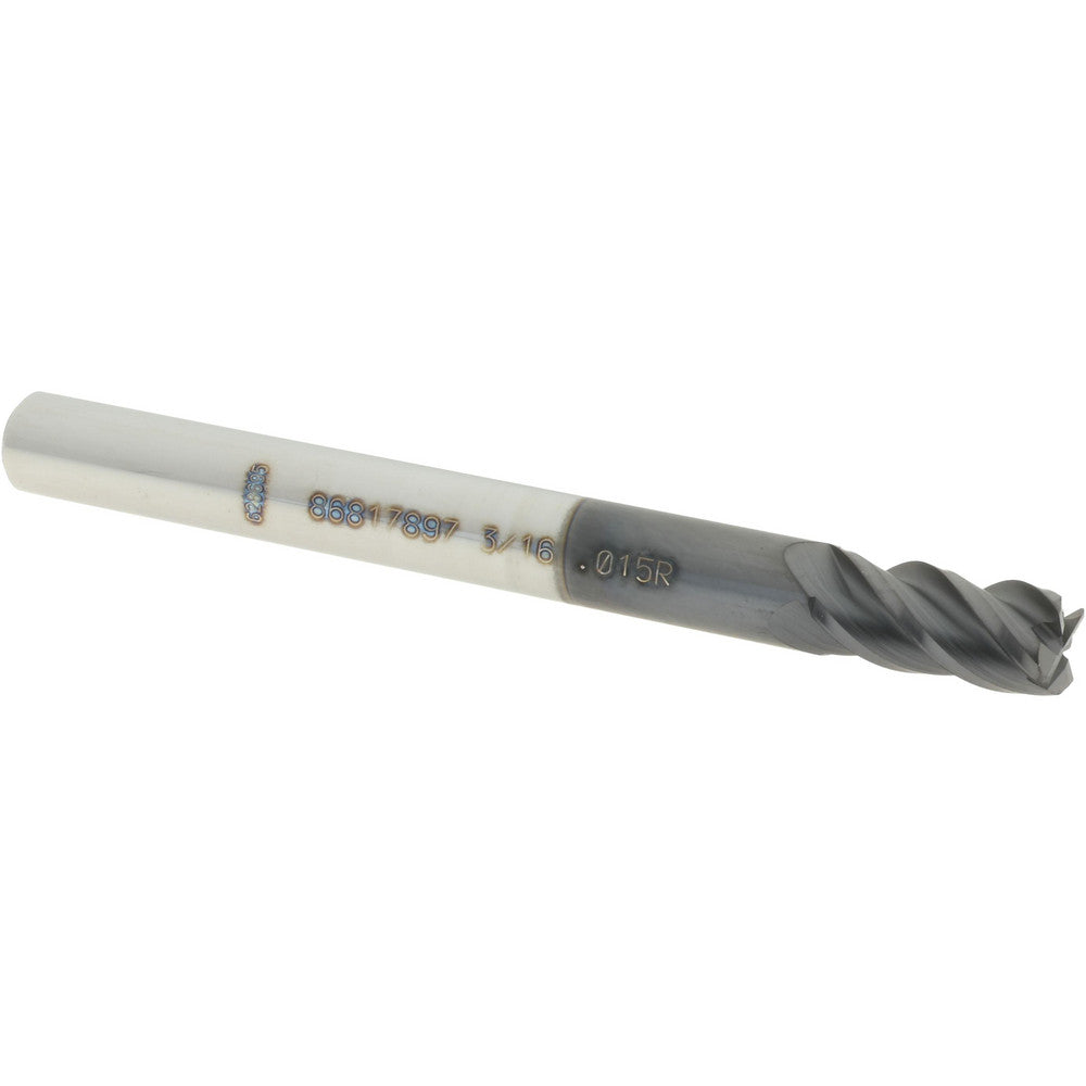 Accupro 86817897 Corner Radius End Mill 3/16" Dia, 3/8" LOC, 0.0150" Radius, 4 Flute, Solid Carbide