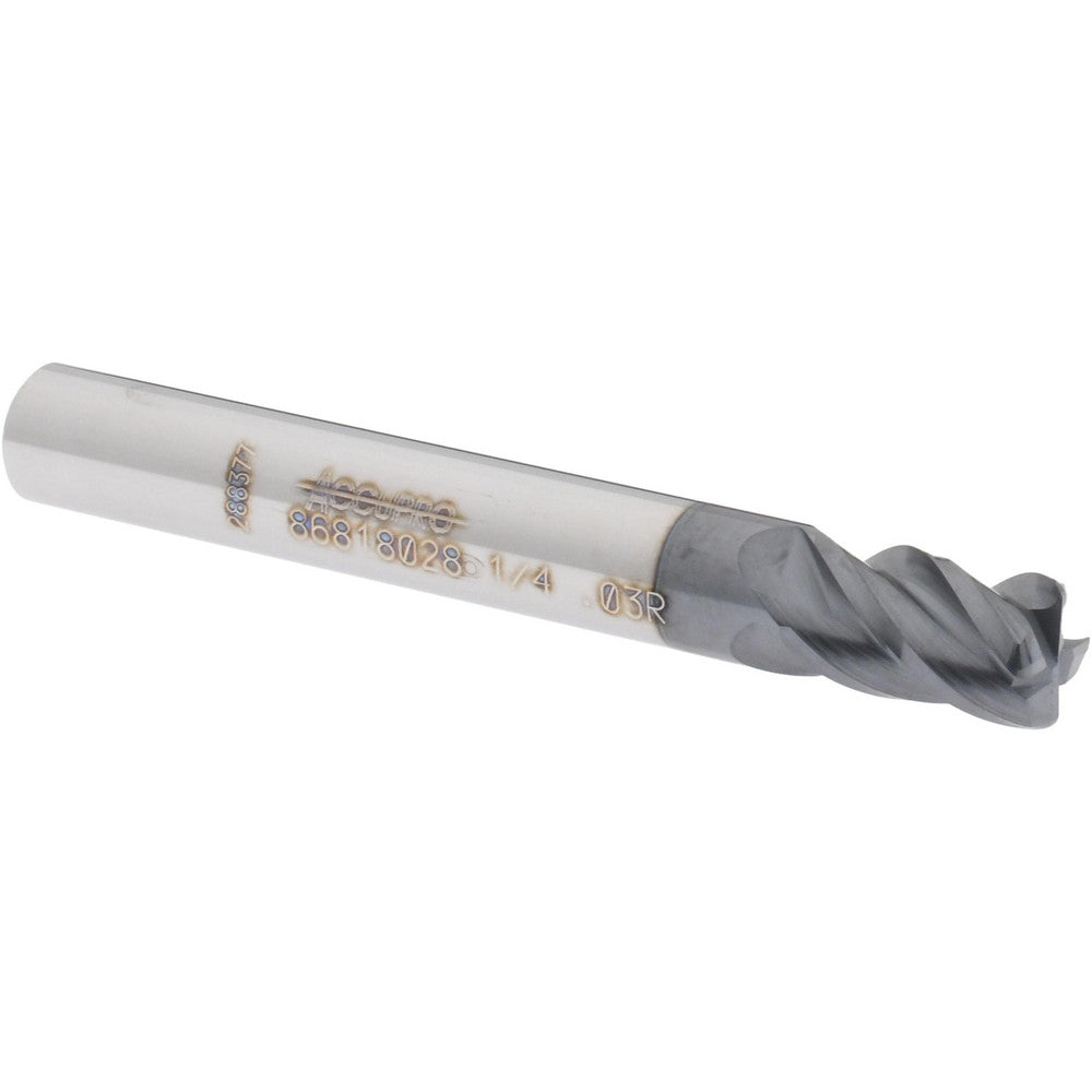 Accupro 86818028 Corner Radius End Mill 1/4" Dia, 3/8" LOC, 0.03" Radius, 4 Flutes, Solid Carbide