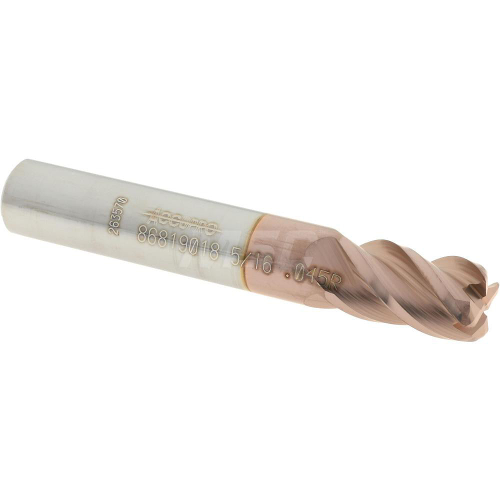 Accupro 86819018 Corner Radius End Mill 5/16" Dia, 1/2" LOC, 0.045" Radius, 4 Flutes, Solid Carbide