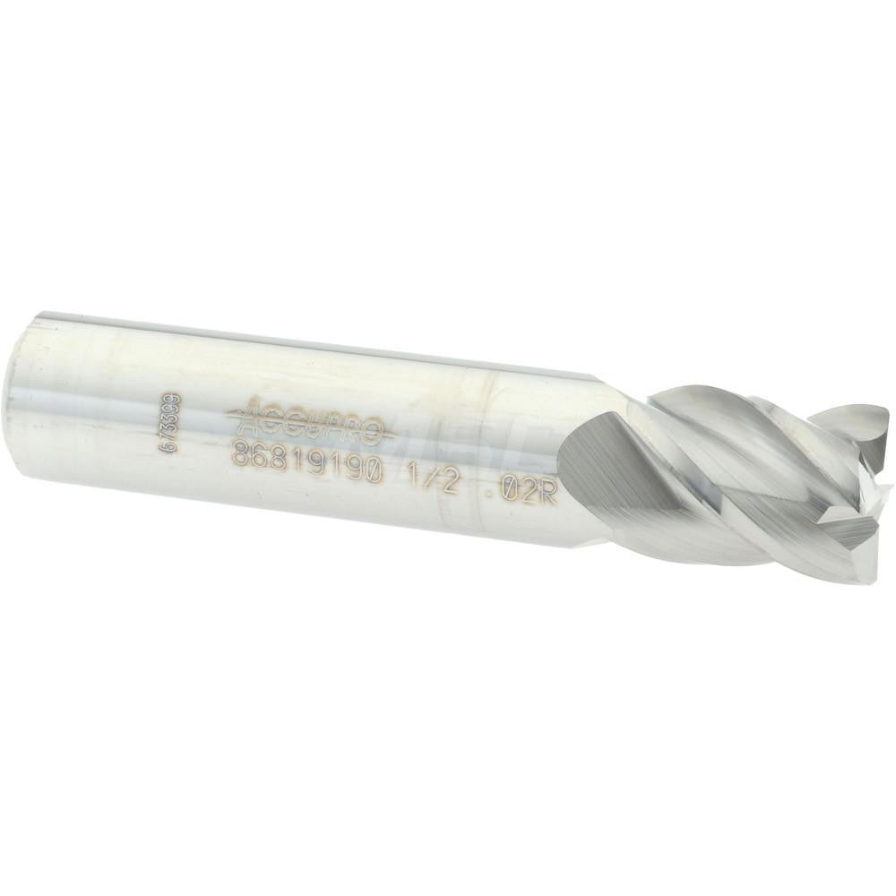 Accupro 86819190 Corner Radius End Mill 1/2" Dia, 5/8" LOC, 0.02" Radius, 4 Flutes, Solid Carbide