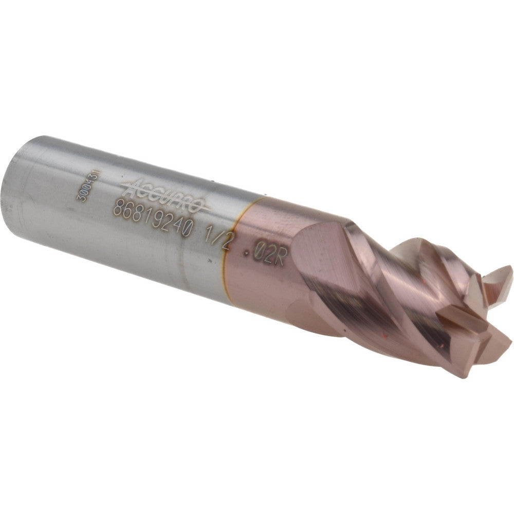 Accupro 86819240 Corner Radius End Mill 1/2" Dia, 5/8" LOC, 0.02" Radius, 4 Flutes, Solid Carbide