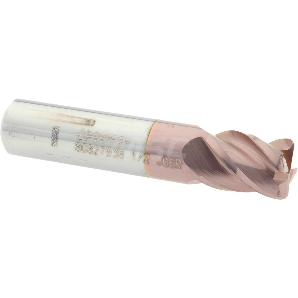 Accupro 86827938 Corner Radius End Mill 1/2" Dia, 5/8" LOC, 0.06" Radius, 4 Flutes, Solid Carbide
