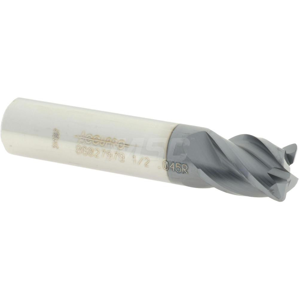 Accupro 86827979 Corner Radius End Mill 1/2" Dia, 5/8" LOC, 0.045" Radius, 4 Flutes, Solid Carbide