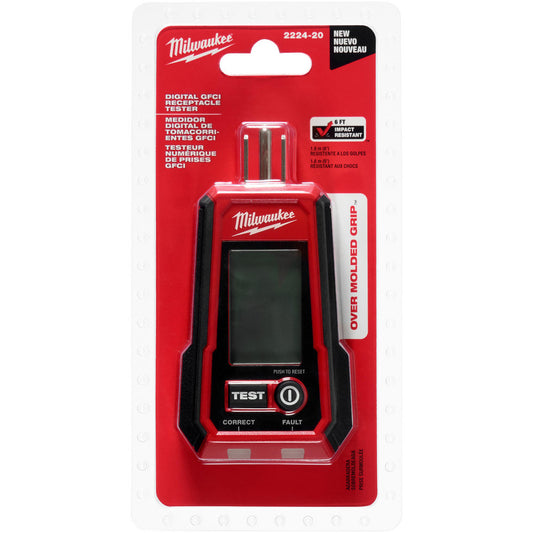 Milwaukee Tool 2224-20 Circuit Continuity & Voltage Testers Tester Type Receptacle Tester with GFCI  Minimum Voltage 0 V  Maximum Voltage 135V AC  Display Type Digital LCD  Audible Alert No  Power Supply AAA Battery